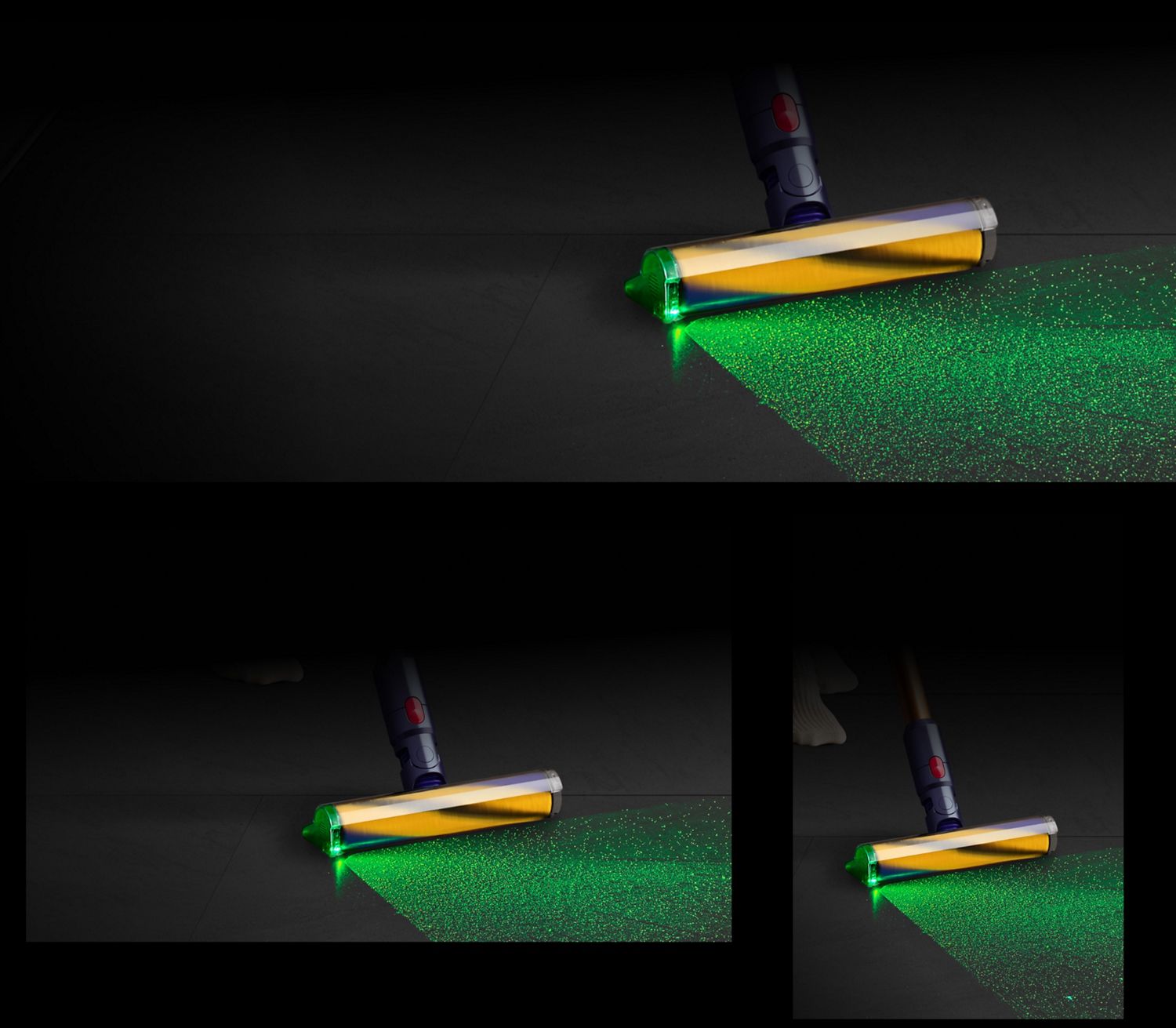 The Fluffy Optic cleaner head illuminating dust on the floor. The Fluffy Optic cleaner head illuminating dust on the floor.