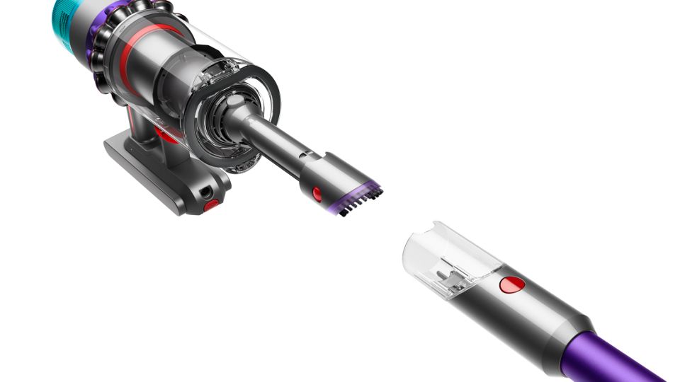 A close-up of the Dyson Gen5detect vacuum transforming into a handheld machine. 