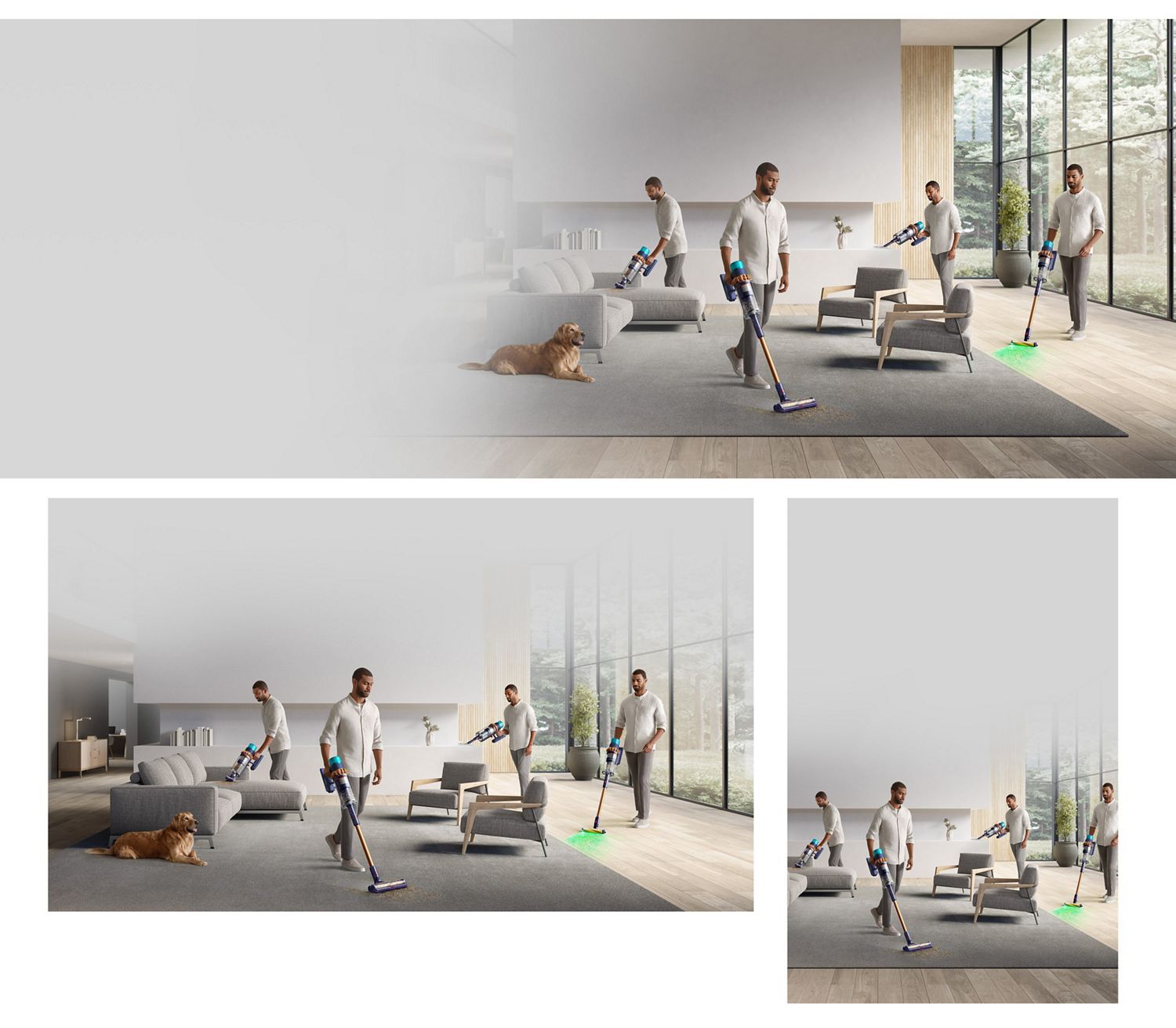 Dyson Gen5outsize vacuum vacuuming house A man vacuuming all over the house with the Dyson Gen5outsize vacuum.