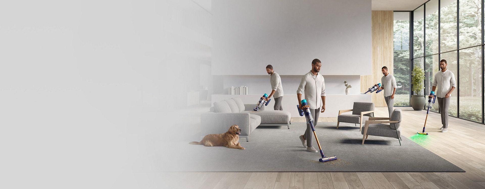 A man vacuuming all over the house with the Dyson Gen5outsize vacuum.
