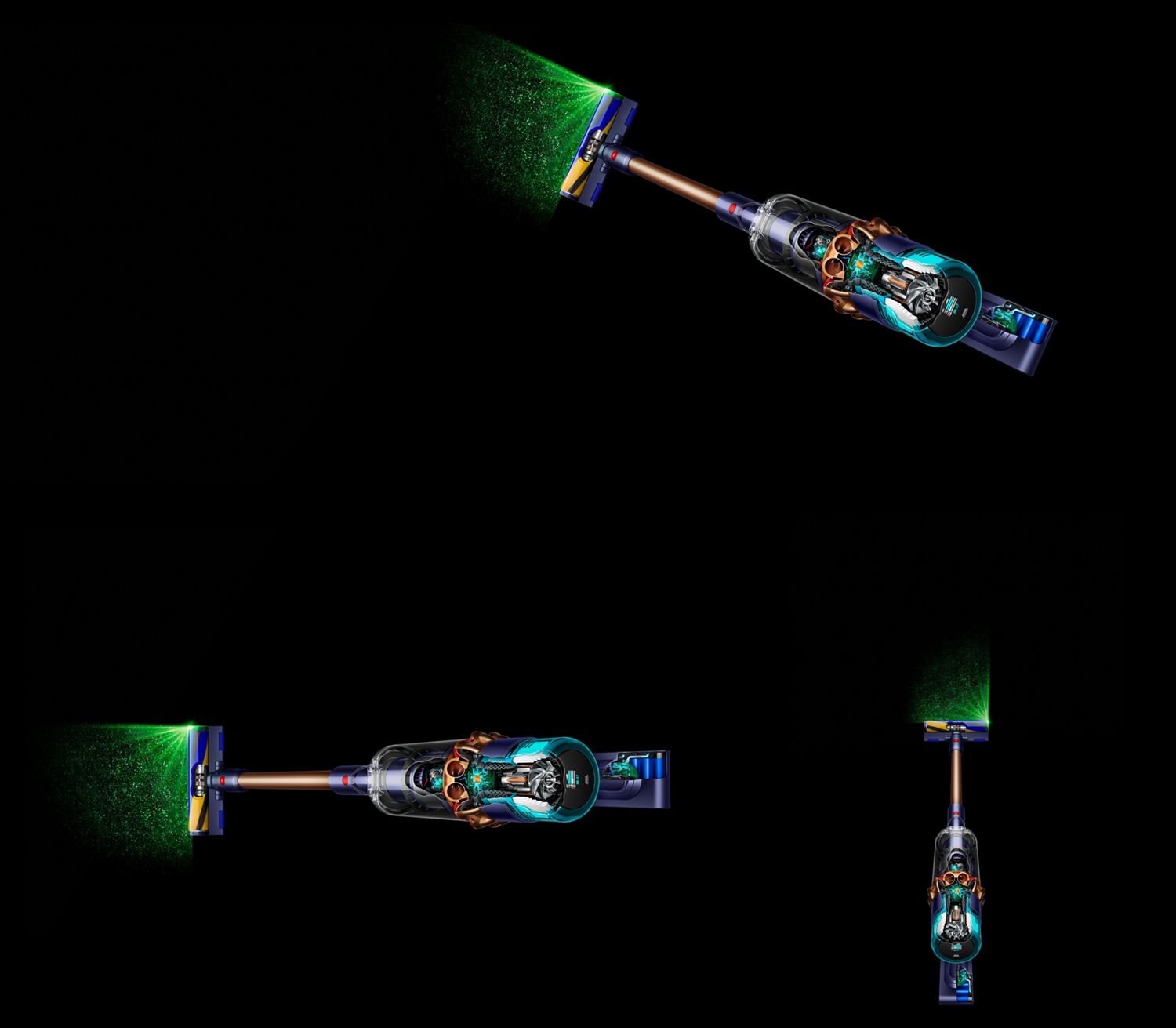 The Dyson Gen5outsize vacuum cleaning a clear line through debris on hard floor and rugs. Overhead of the Dyson Gen5outsize vacuum cleaning a clear line through debris on hard floor and rugs.