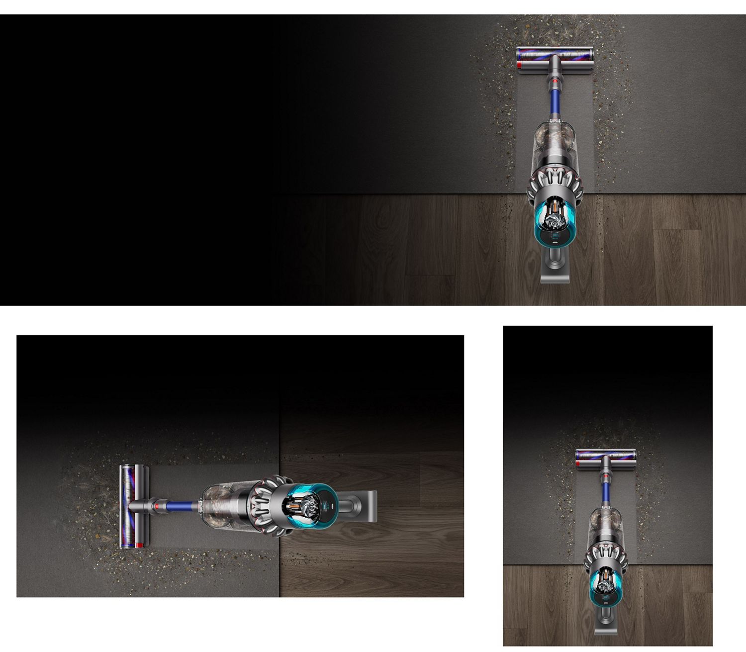 Overhead of the Dyson Gen5outsize vacuum cleaning a clear line through debris on hard floor and rugs.