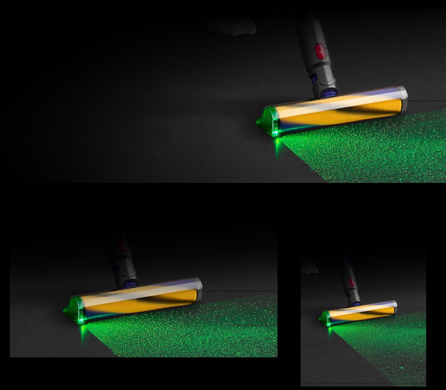 Low angle close-up of the Fluffy Optic cleaner head illuminating dust.