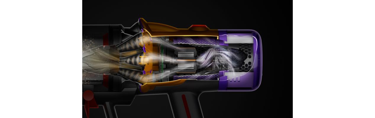 A cutaway of the Dyson V12 Detect Slim vacuum showing the filtration system.