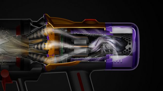 A cutaway of the Dyson V12 Detect Slim vacuum showing the filtration system.