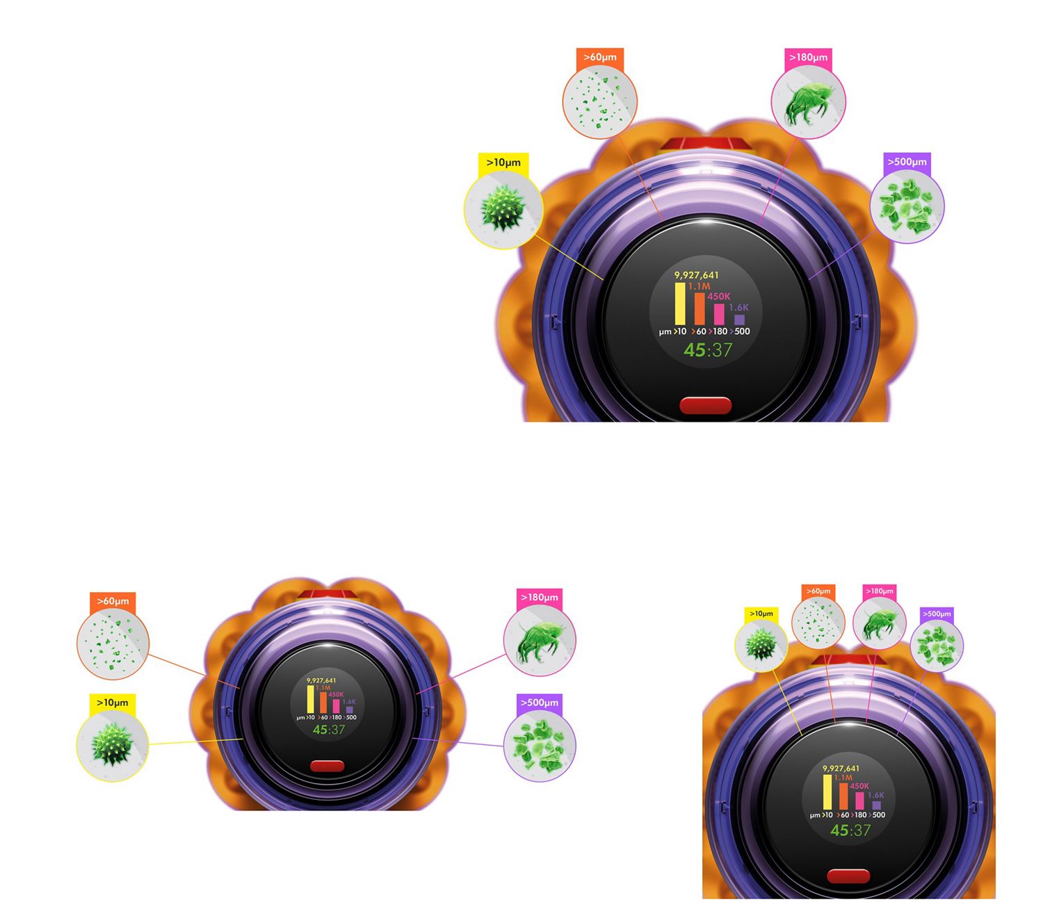 A graphic illustrating the functionality of the LED screen on the Dyson V12 Detect Slim vacuum. A graphic illustrating the functionality of the LED screen on the Dyson V12 Detect Slim vacuum.