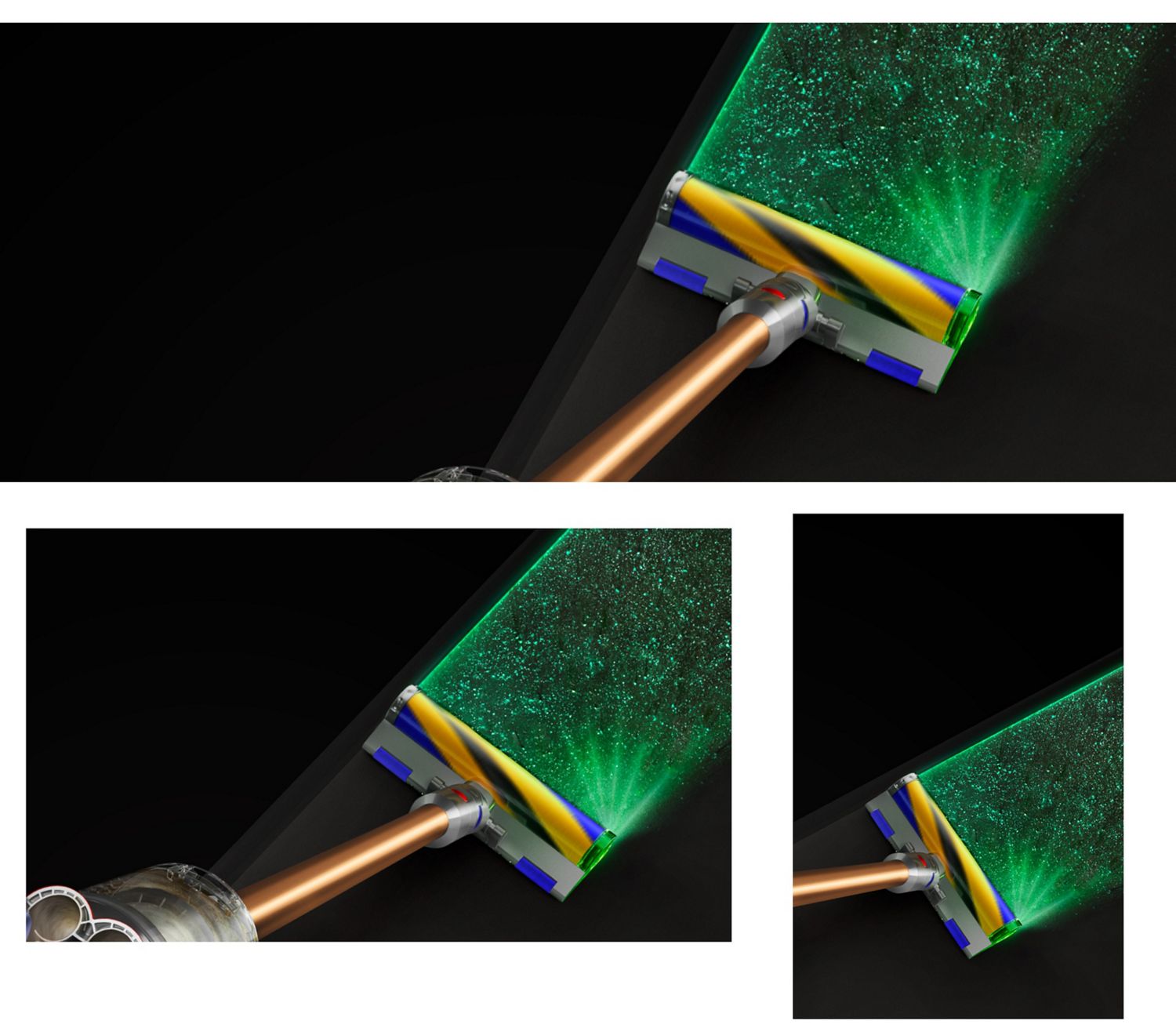 The Dyson V12 Detect Slim Absolute with Fluffy Optic cleaner head illuminating dirt on hard floor.