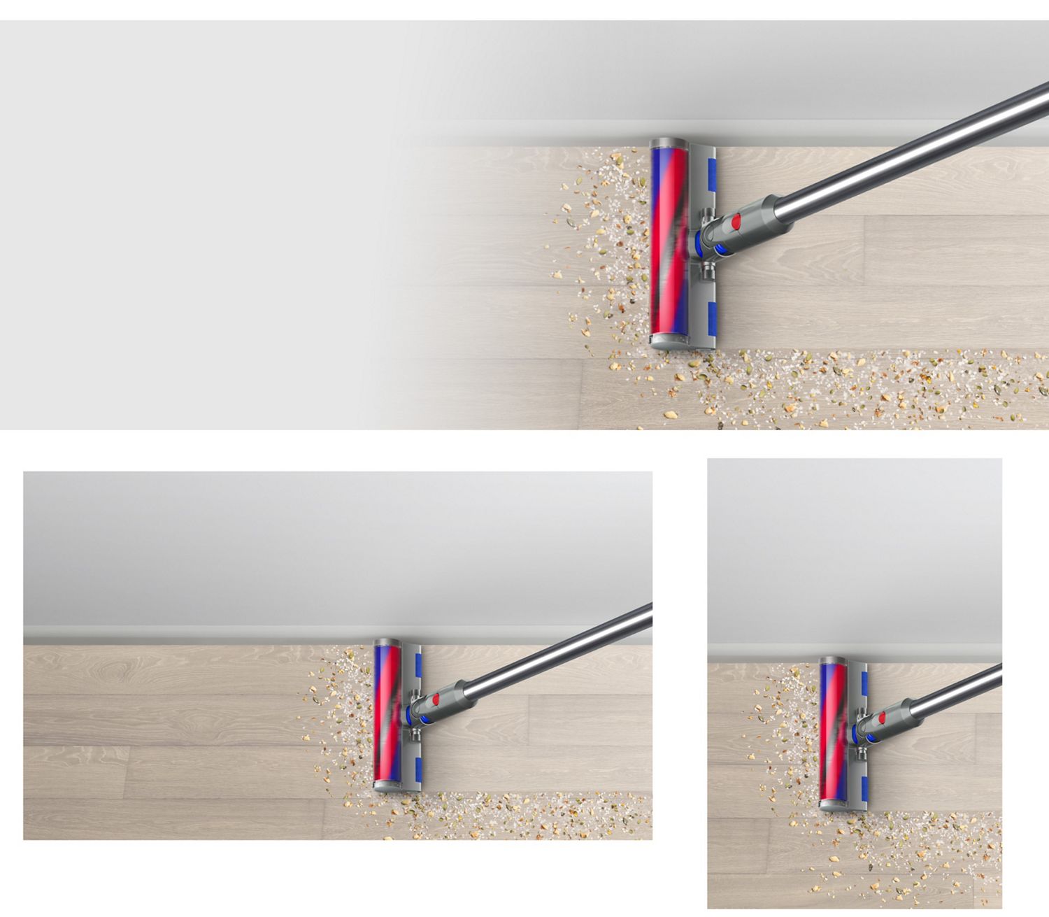 Der Dyson V12 Detect Slim Absolute mit Fluffy Optic Bodendüse beleuchtet Schmutz auf Hartböden.