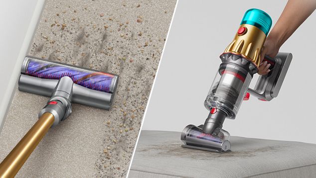 Ein Teppich und ein Hundebett werden mit dem Dyson V12 Detect Slim Staubsauger und der Haardüse gereinigt.
