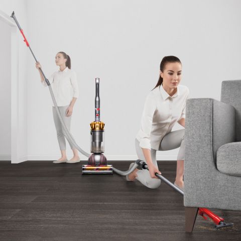 Woman cleaning up high and under furniture.