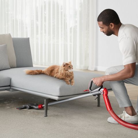 Man cleans under furniture.