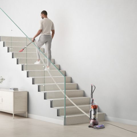 Man cleans stairs with the Dyson Ball Animal's extra-long cord and extension hose.