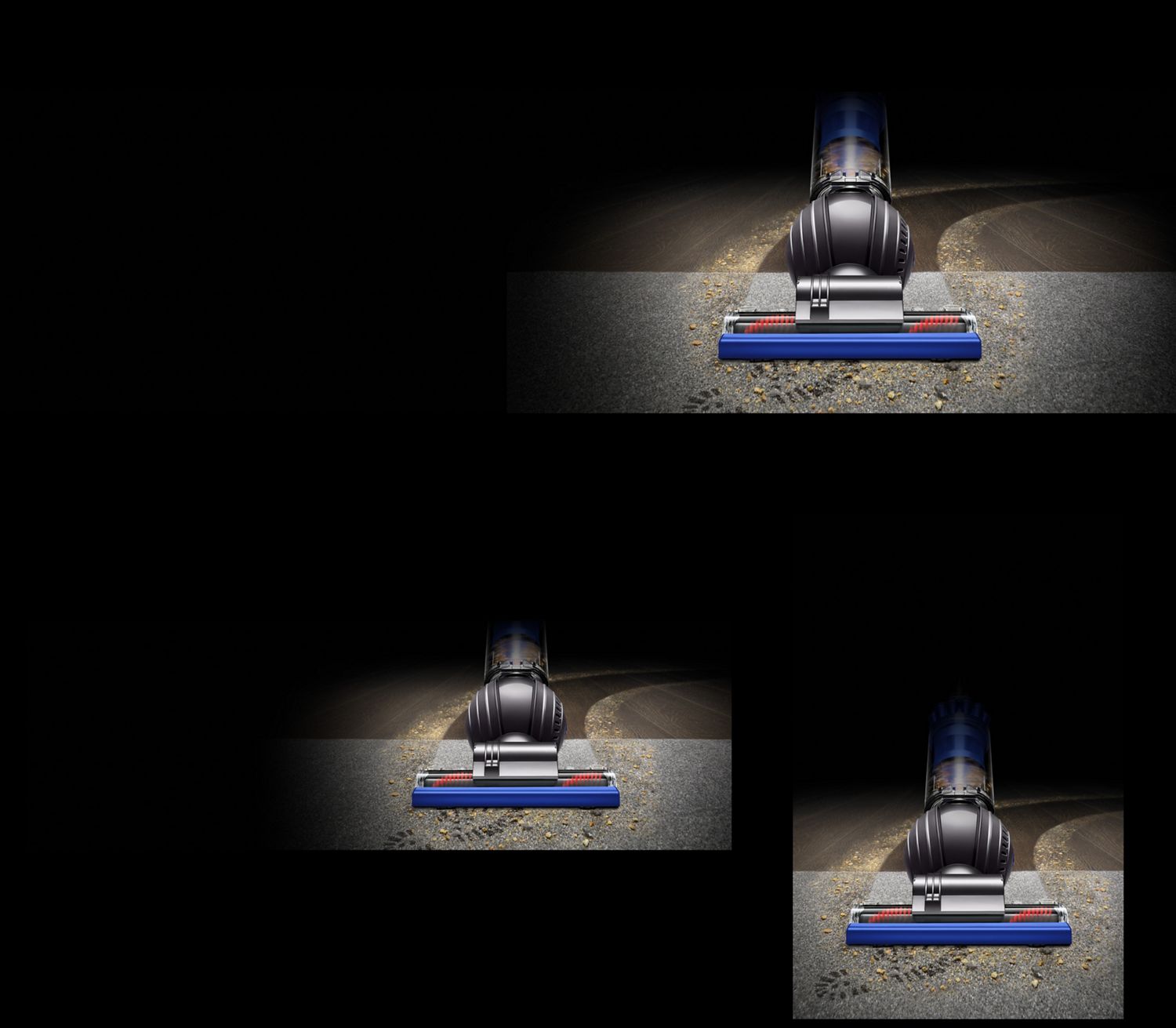 Overhead view of the Dyson Ball Animal Total Clean vacuum removing debris from carpets and hard floor.