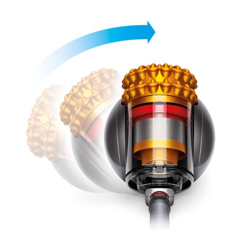 A Dyson canister vacuum cleaner righting itself after being knocked over.