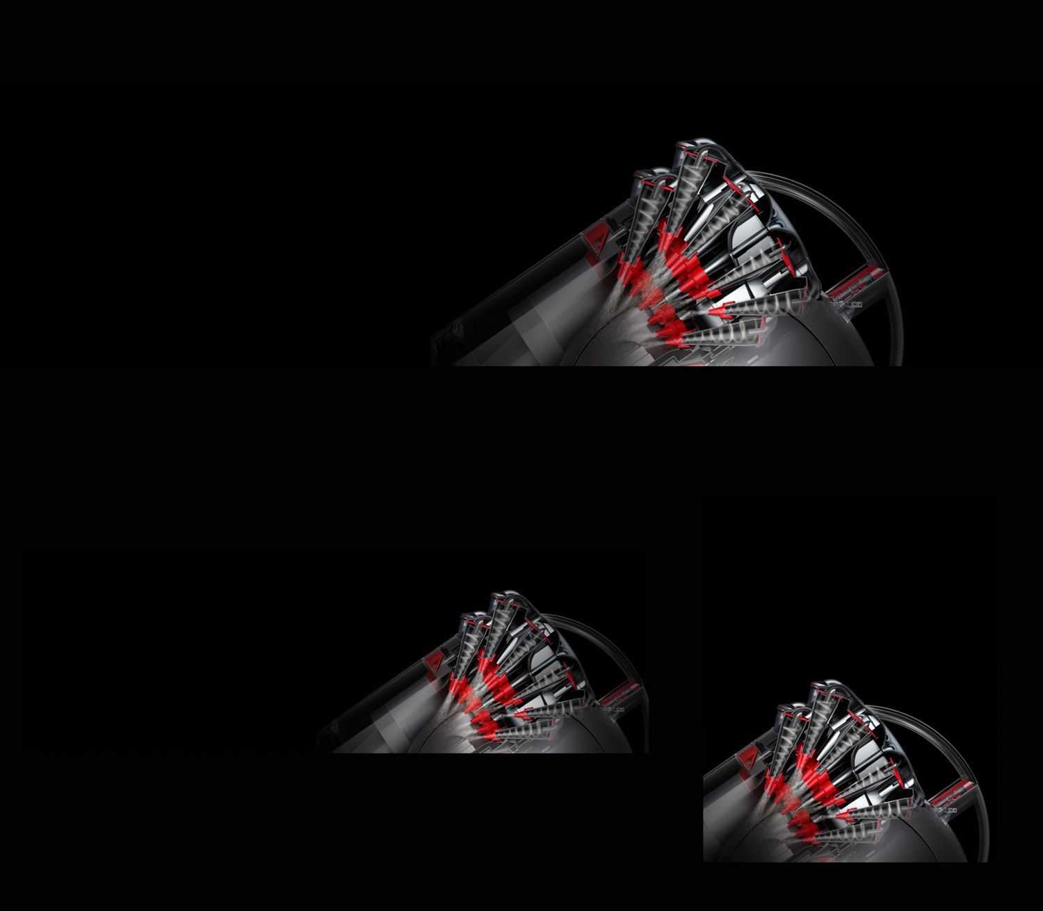 Vista in sezione dei cicloni all’interno di un aspirapolvere a traino Dyson.