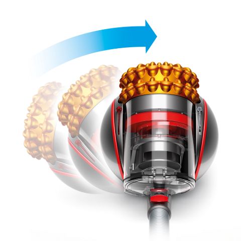 Ein Dyson Bodenstaubsauger richtet sich wieder auf, nachdem er umgefallen ist.