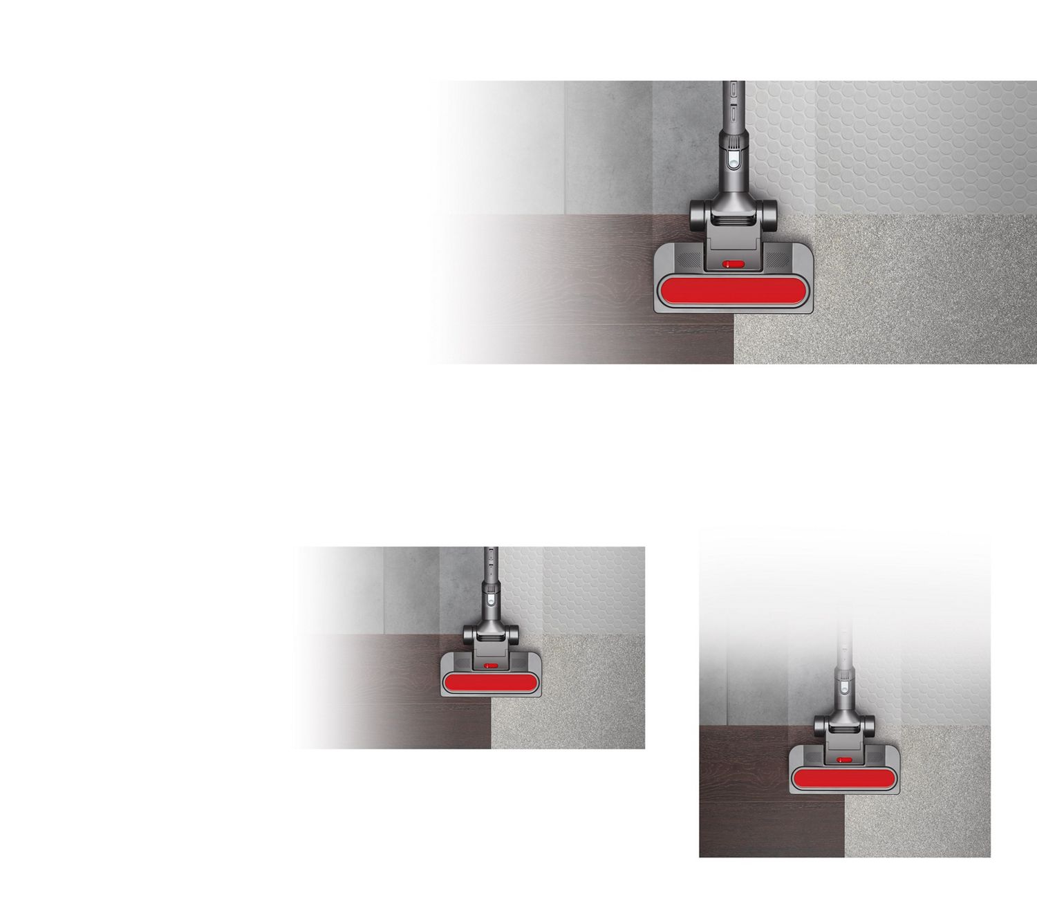 Overhead view of the Dyson cleaner head adapting to clean between a hard floor and carpet.