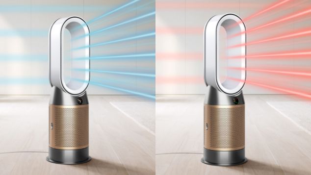 Le purificateur Dyson Purifier Hot+Cool Formaldéhyde avec des schémas représentant les flux d’air de refroidissement et de chauffage.