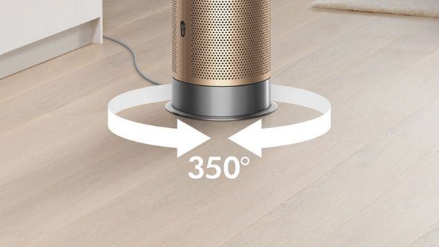 Le purificateur Dyson Purifier Hot+Cool Formaldéhyde avec des schémas montrant l’oscillation à 350 degrés.