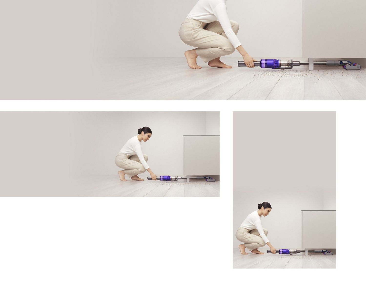 Une femme passant sous les meubles l’aspirateur Dyson Omni-Glide à profil bas.
