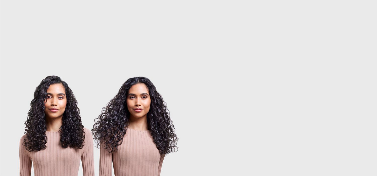 A woman before and after using the Wave+Curl diffuser to achieve a Wave+Curl A woman before and after using the Wave+Curl diffuser to achieve a Wave+Curl