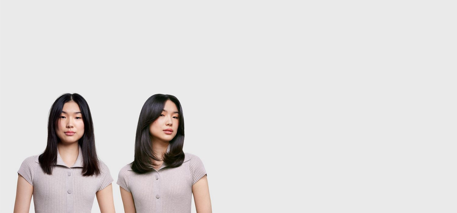 A woman before and after using the Styling concentrator to achieve Sweeping curtain bangs A woman before and after using the Styling concentrator to achieve Sweeping curtain bangs