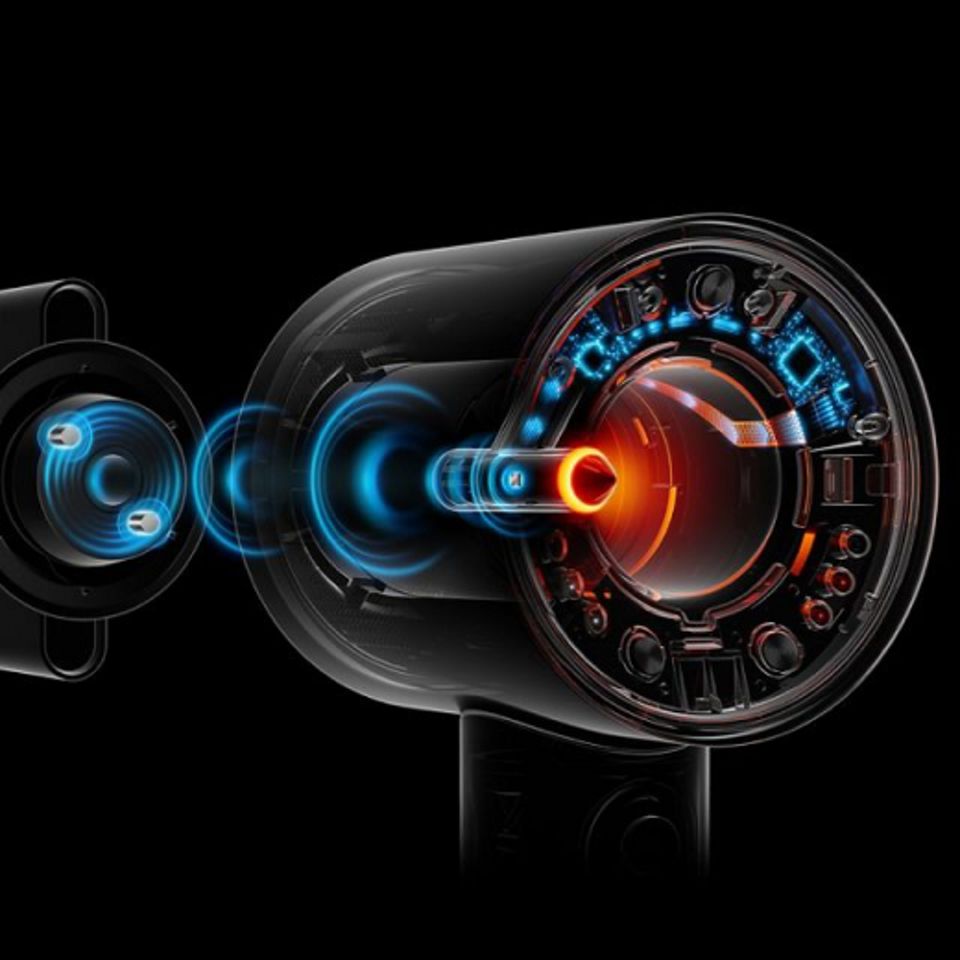 A technology image of the Dyson Supersonic Nural™ hair dryer's intelligent attachment learning technology A technology image of the Dyson Supersonic Nural™ hair dryer's intelligent attachment learning technology
