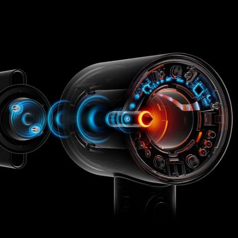 Tværsnit der viser teknologien inde i hårtørreren Dyson Supersonic Nural.
