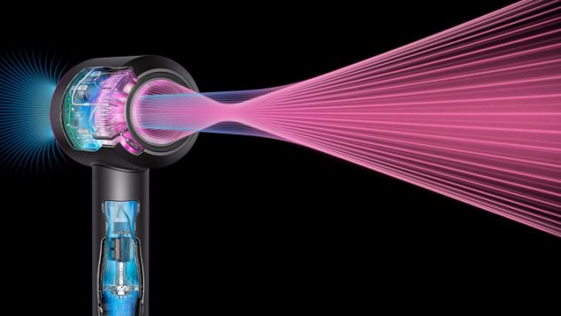 Et teknologibillede af hårtørreren Dyson Supersonic Nural, der udsender en luftstrøm fra dens åbning.