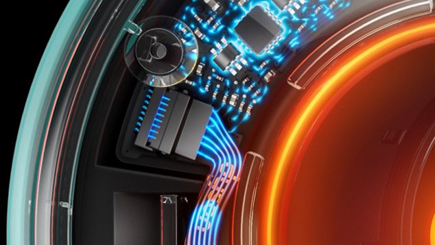 Die durchsichtige Öffnung des Dyson Supersonic Nural Haartrockners offenbart seine intelligente Wärmeregulierungstechnologie 