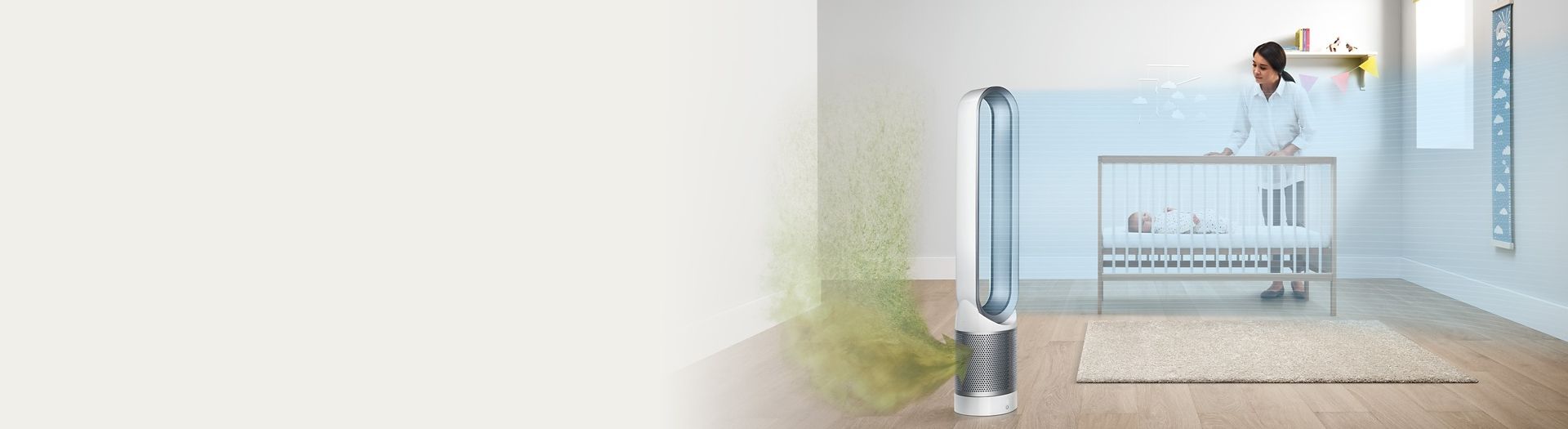 Der Dyson Pure Cool™ TP00 Luftreiniger saugt verschmutzte Luft aus einem Babyzimmer an.