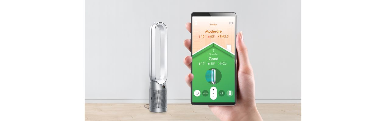 A phone screen with the MyDyson app showing intelligent control features.
