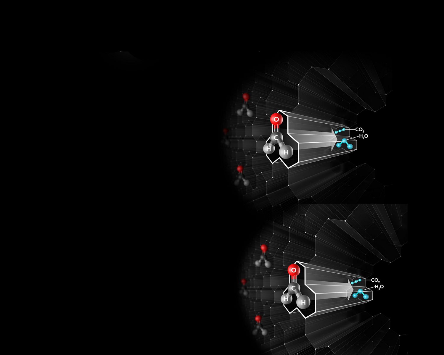 Graphical representation of the molecular destruction of formaldehyde. Graphical representation of the molecular destruction of formaldehyde.
