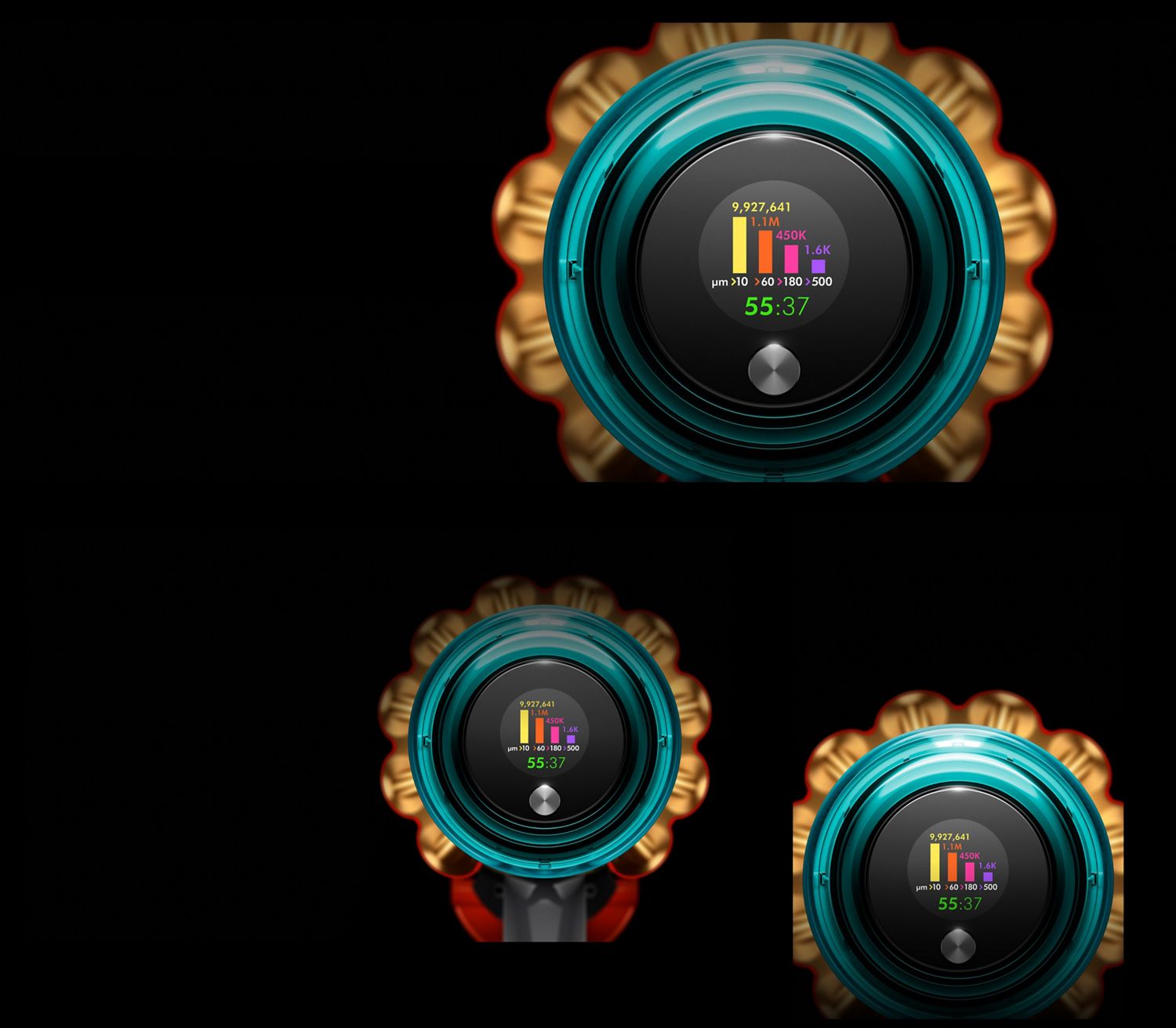 Close-up of the Dyson V15 Detect vacuum's LCD screen. Dyson V15 Detect vacuum's LCD screen.