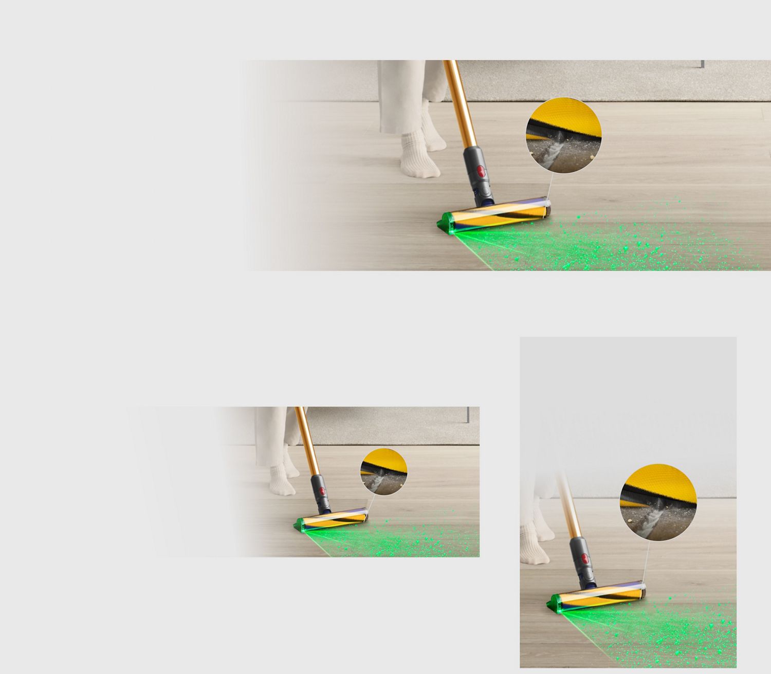 Fluffy Optic cleaner head vacuuming and illuminating dust, with a close-up showing a crevice being cleaned. Fluffy Optic cleaner head vacuuming and illuminating dust, with a close-up showing a crevice being cleaned.
