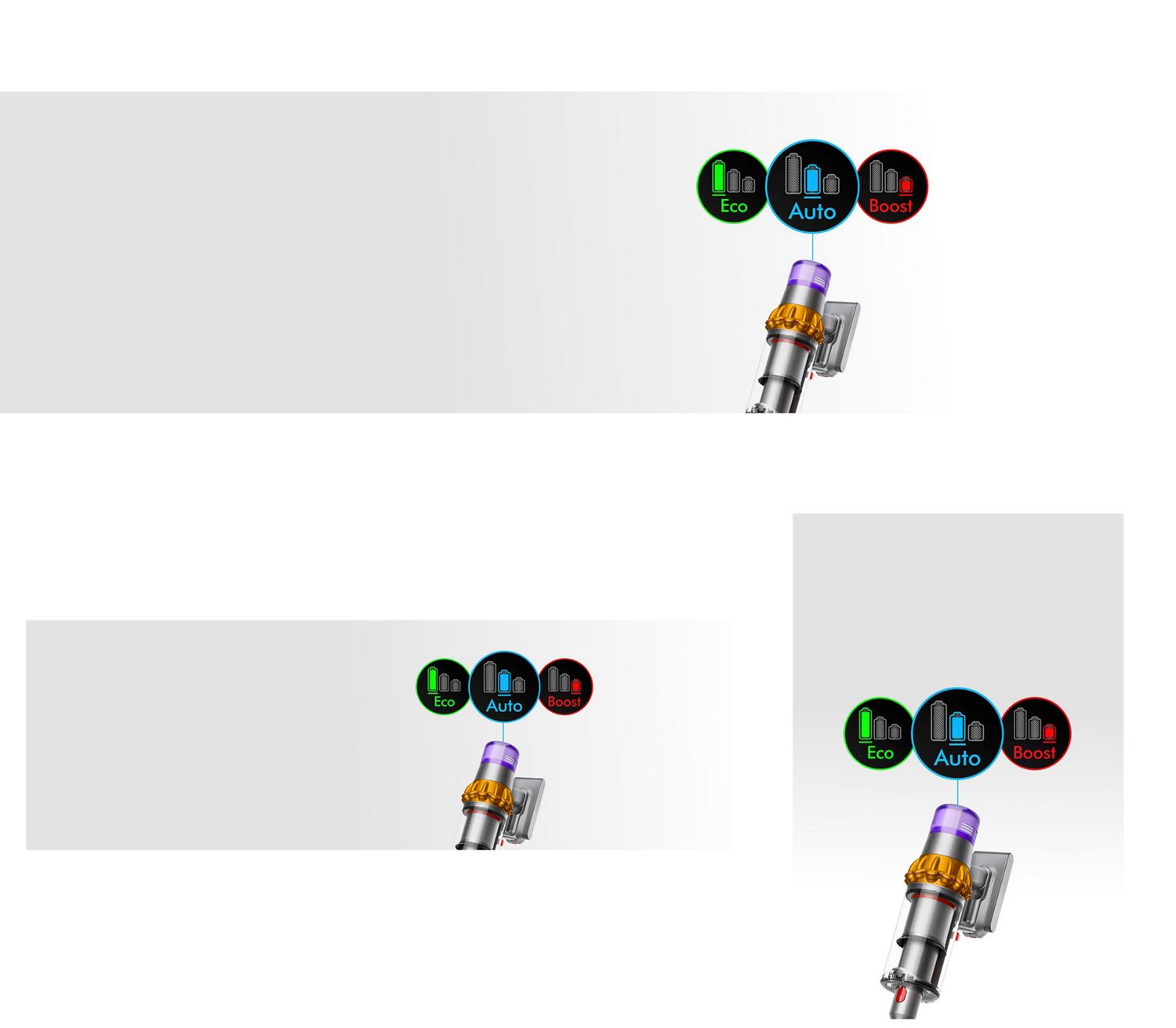 Close-up of the Dyson V15 Detect vacuum with three icons representing Eco, Auto and Boost modes.