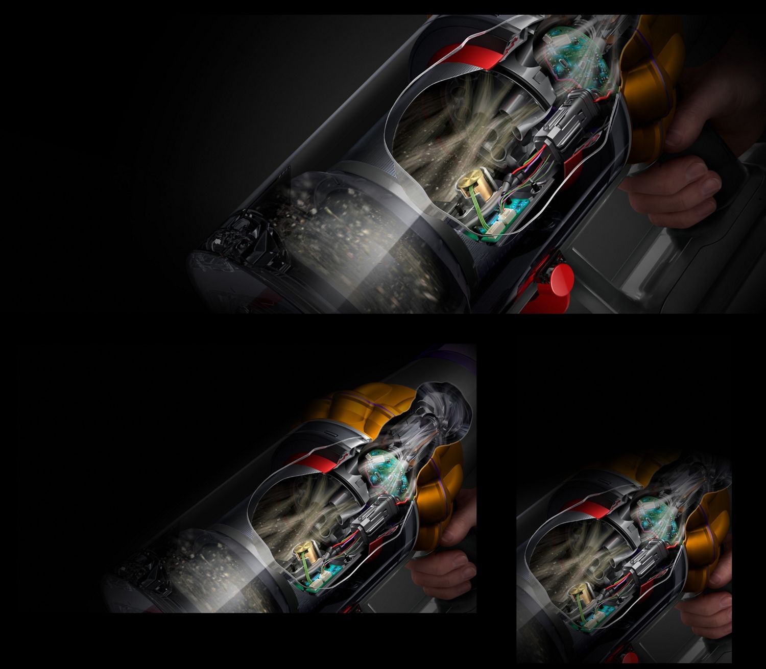 Cutaway of the Dyson V15 Detect vacuum showing the filtration system.