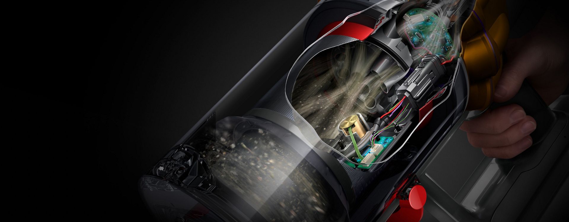 Cutaway of the Dyson V15 Detect vacuum showing the motor and airflow paths.