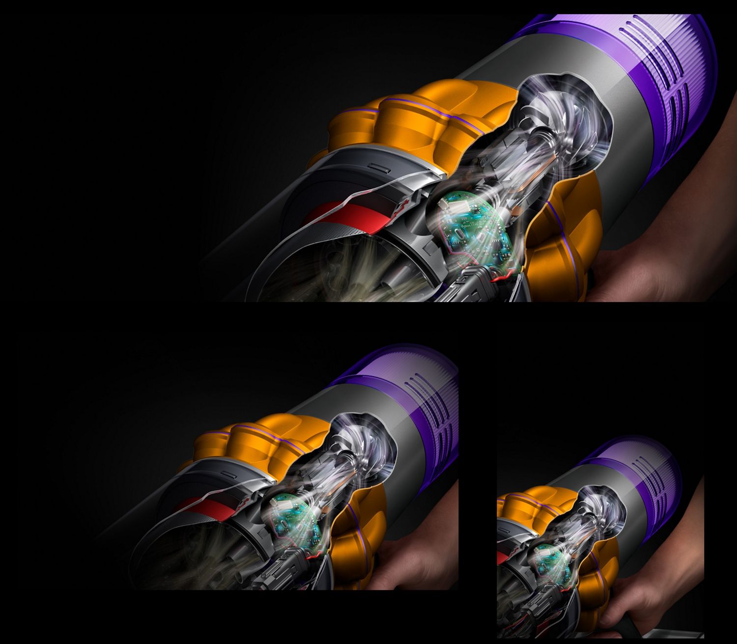Cutaway of the Dyson V15 Detect vacuum showing the motor and airflow paths.