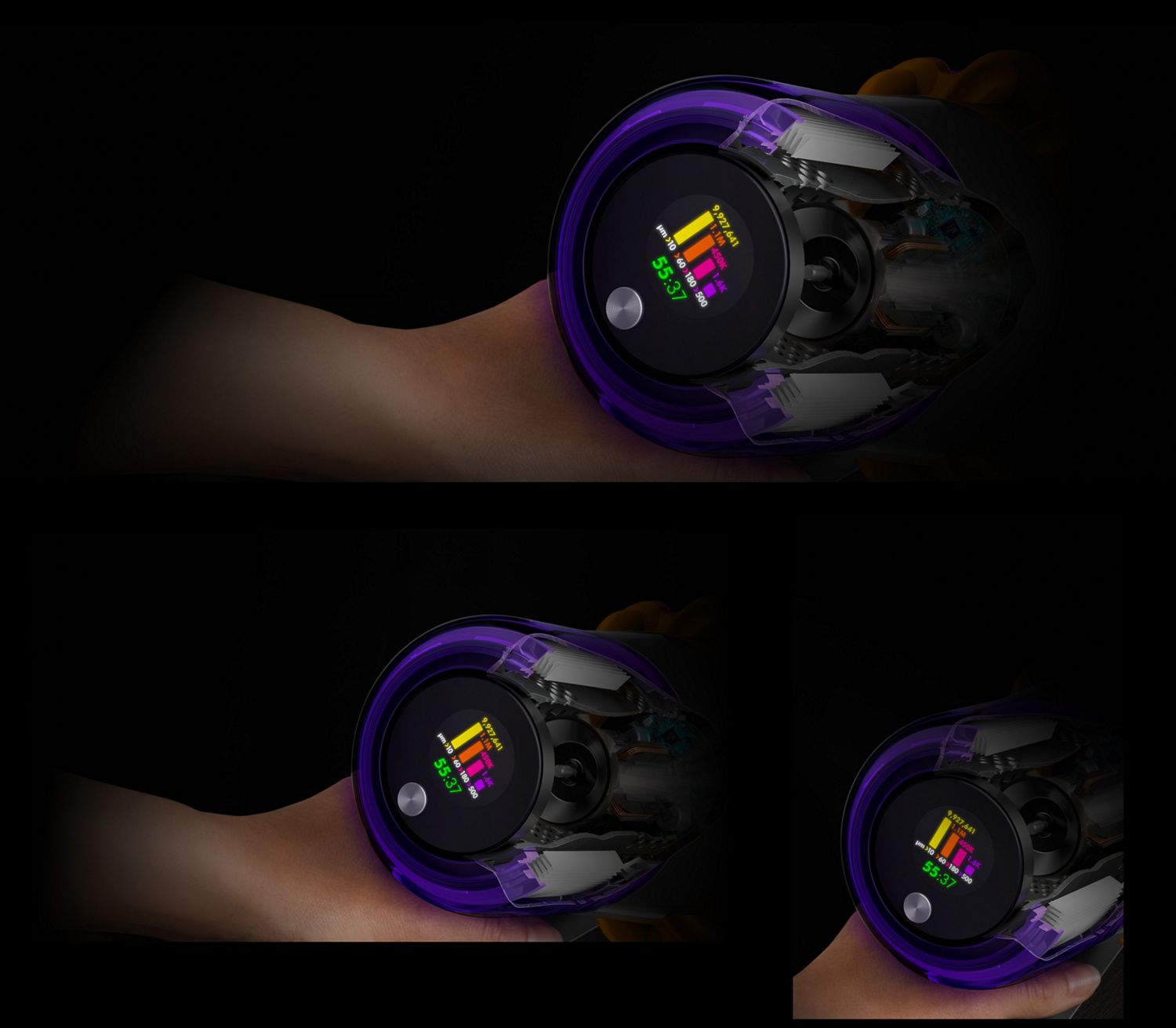 Close-up of the Dyson V15 Detect vacuum's LCD screen.