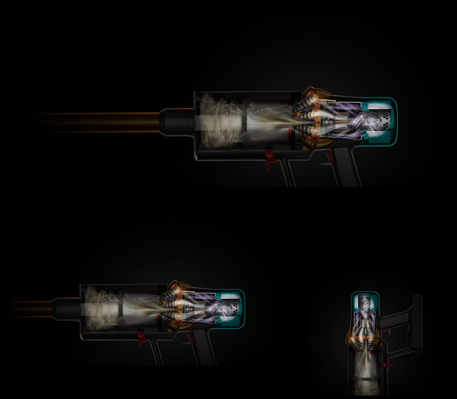 Cutaway of the Dyson V15 Detect vacuum showing the HEPA filtration system. Close-up cutaway of the inlet and piezo sensor.