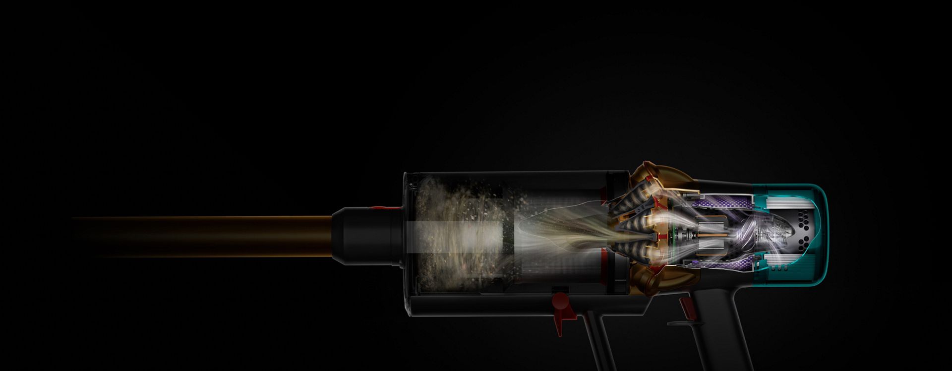 Vista in sezione dell’aspirapolvere Dyson V15 Detect che mostra il sistema di filtraggio HEPA.