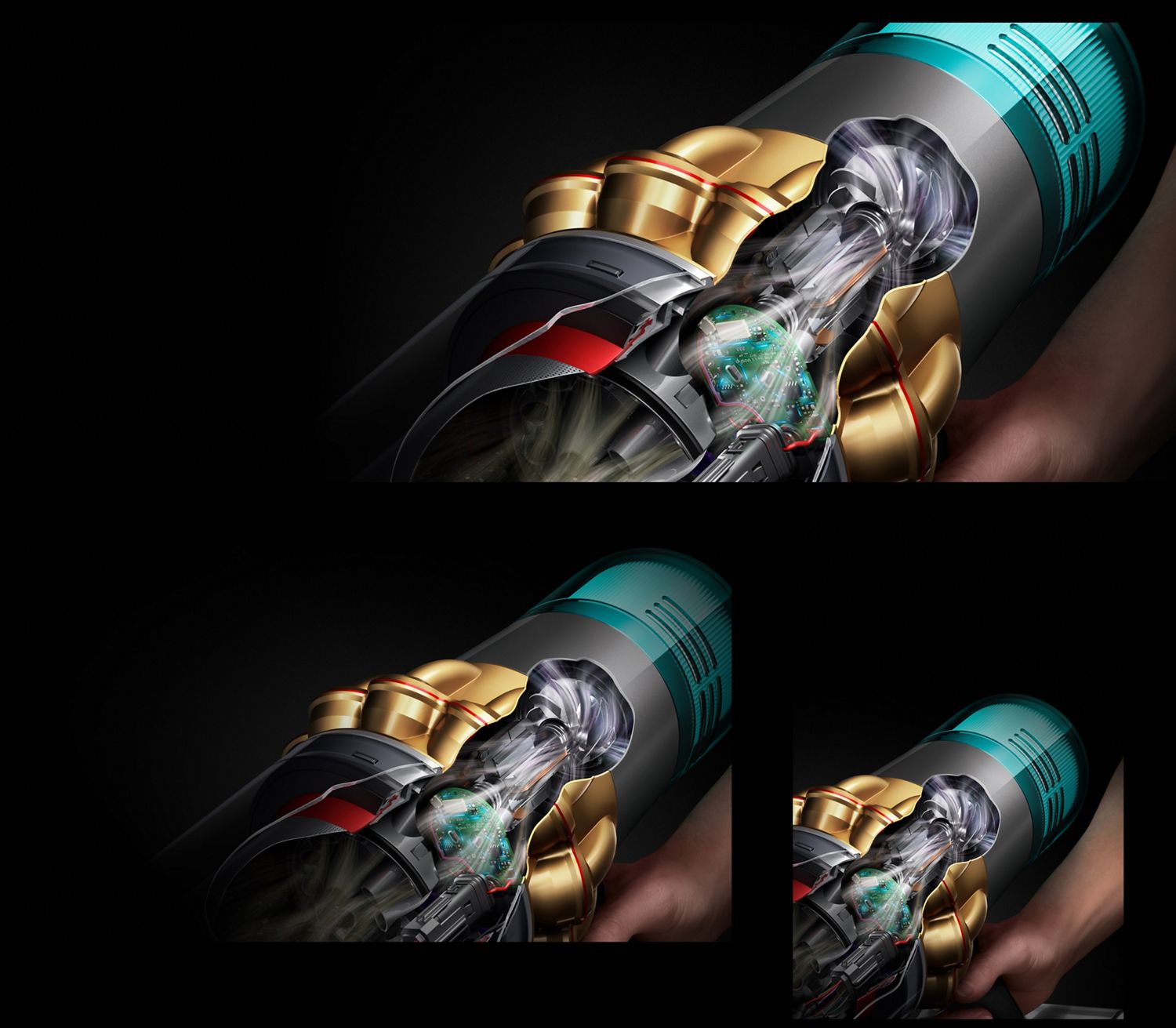 Cutaway of the Dyson V15 Detect vacuum showing the motor and airflow paths. Cutaway of the Dyson V15 Detect vacuum showing the HEPA filtration system.
