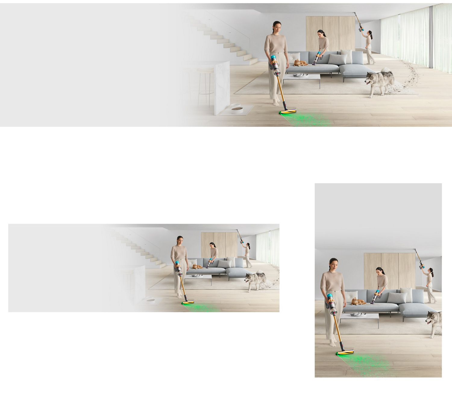 The Dyson V15 Detect vacuum and illuminating cleaner head cleaning different parts of a home