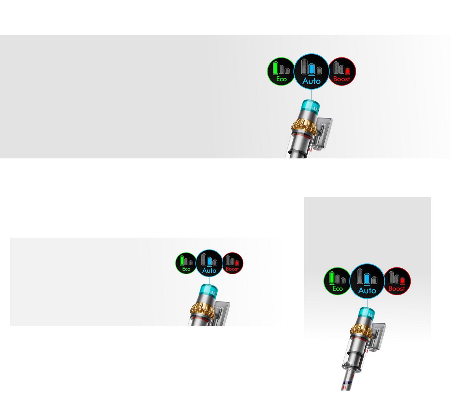 Close-up of the Dyson V15 Detect vacuum with three icons representing Eco, Auto and Boost modes. Dyson V15 Detect vacuum with three icons representing Eco, Auto and Boost modes.
