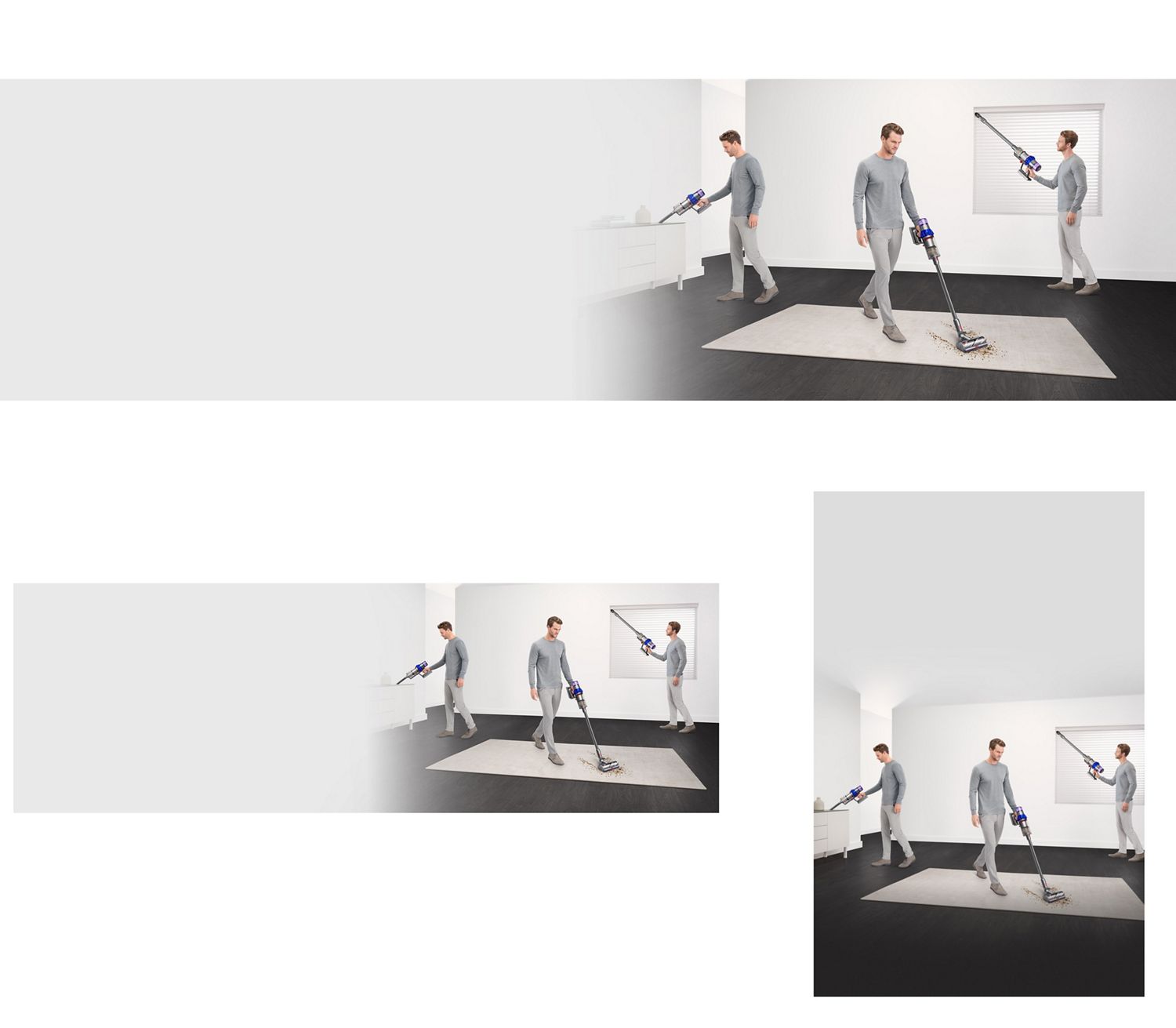 A woman cleaning different parts of a home with the Dyson V15 Detect vacuum and illuminating cleaner head.