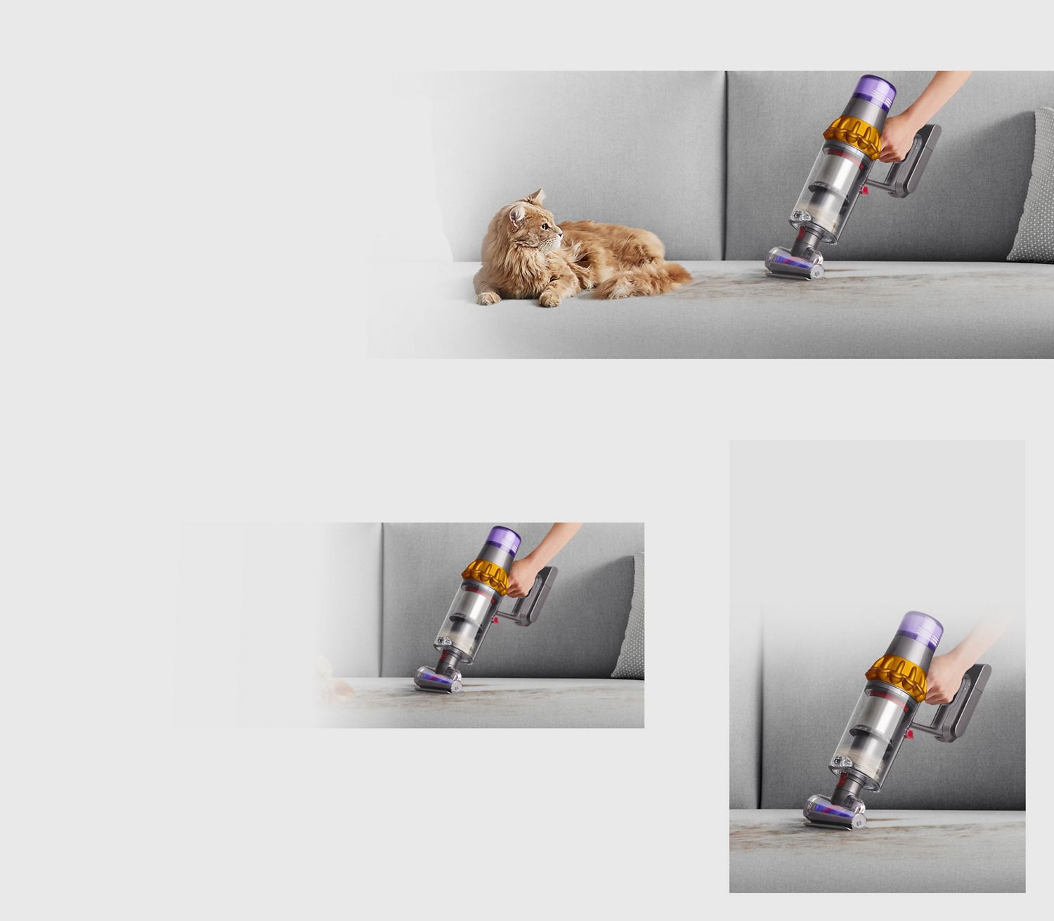 Front view of the Fluffy Optic cleaner head vacuuming and illuminating dust, with a close-up showing a crevice being cleaned.