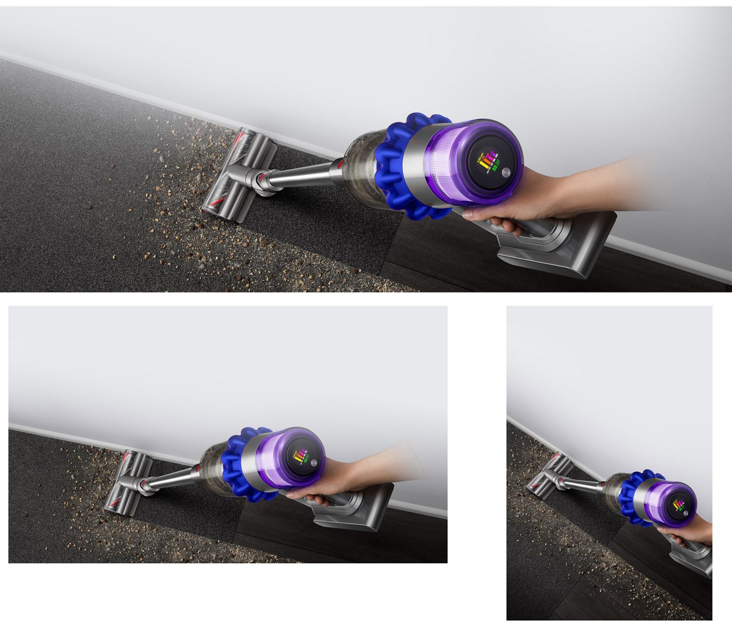 Overhead view of the Dyson V15 Detect vacuum with the Fluffy Optic cleaner head illuminating hidden dust.