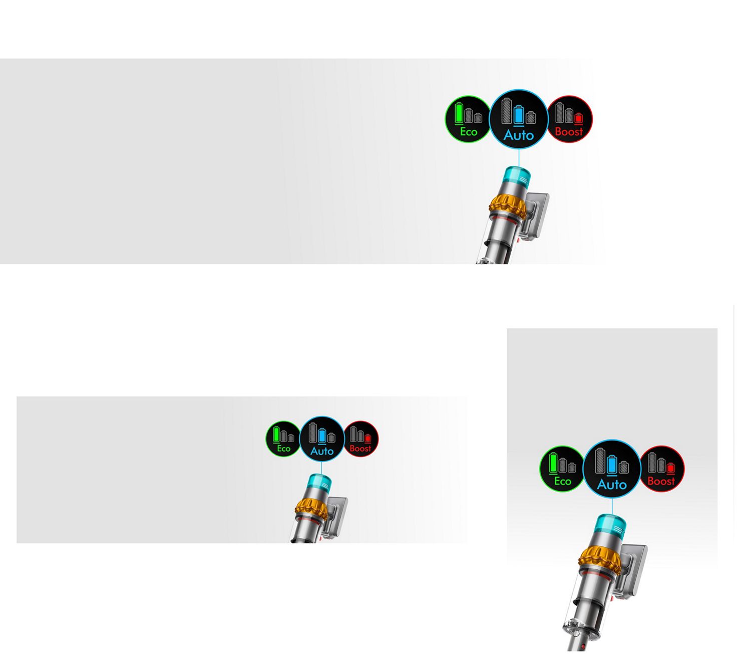 Close-up of the Dyson V15 Detect vacuum with three icons representing Eco, Auto and Boost modes.