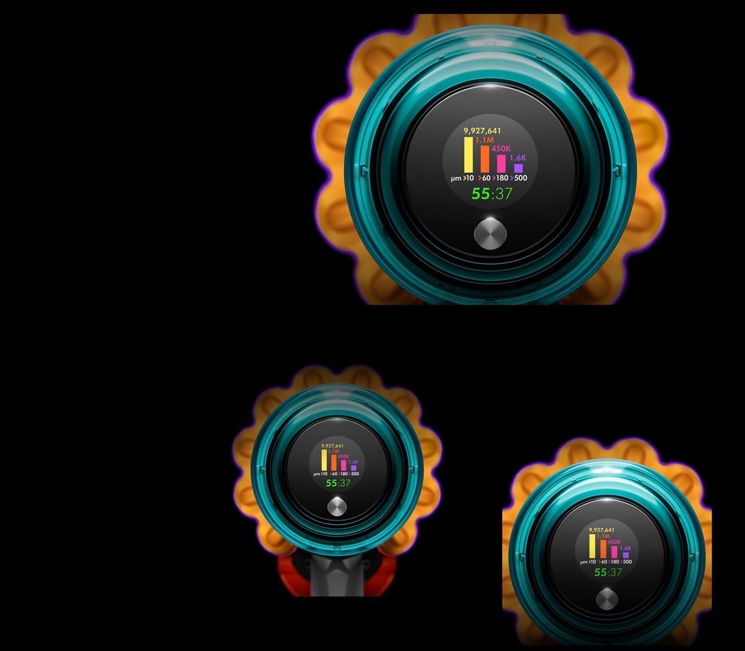 Close-up of the Dyson V15 Detect vacuum's LCD screen.